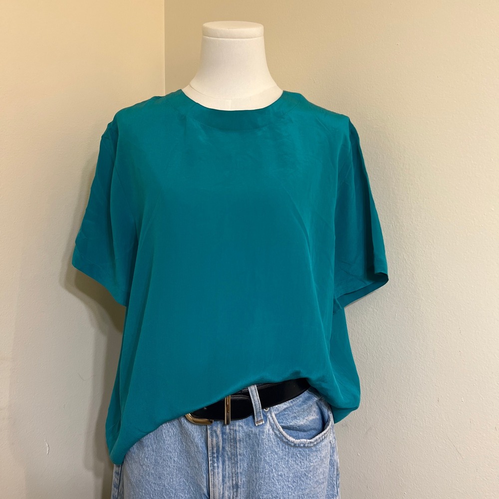 Anna and Frank Women XL Teal Blue 100% Silk Short Sleeve Keyhole Back Blouse